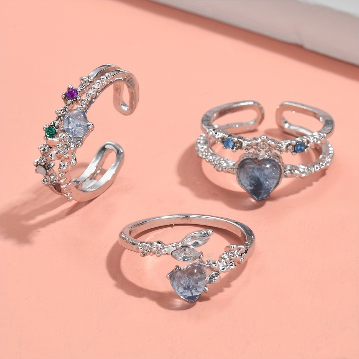 Heart & Floral Rhinestone Ring Set 3 Piece Combination Jewelry